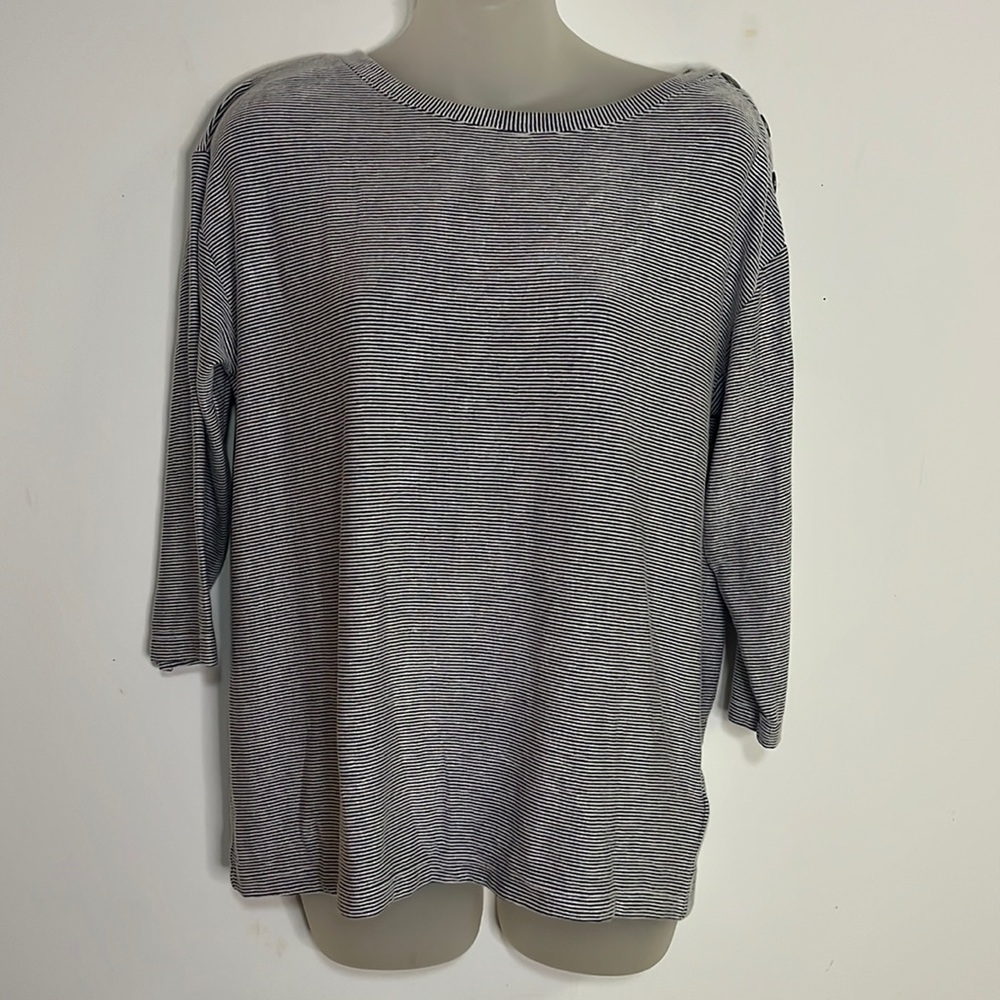 Christian Siriano Micro Stripe Button-Shoulder Knit Top 3/4 Sleeve Striped Tee